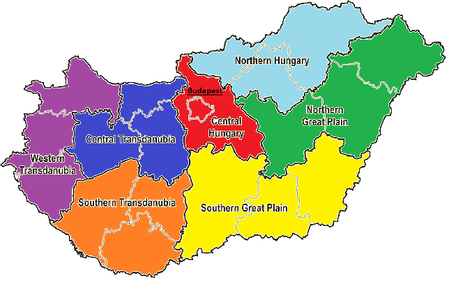 Map showing the Hungarian regions within the country