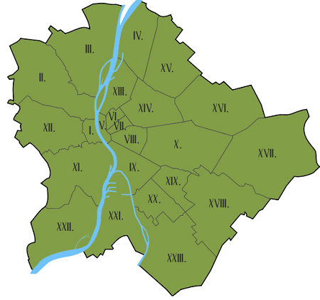 Map of Budapest, the capital of Hungary, showing the 23 districts and the river Danube dividing Buda and Pest
