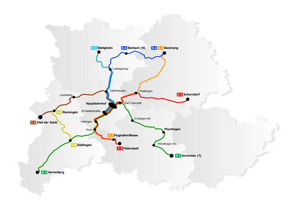 The suburban railway network in the Stuttgart region (source: Verband Region Stuttgart)