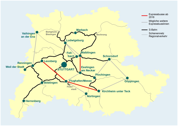 Regional express bus network in the Stuttgart region with possible extensions (source: Verband Region Stuttgart)